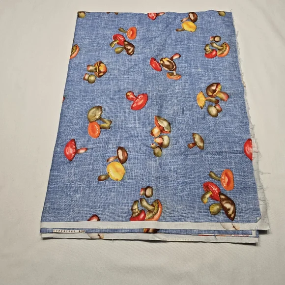 Vintage Mushrooms Fabric On Blue Background Aprox 130 Inches By 45 Inches - Picture 2 of 4